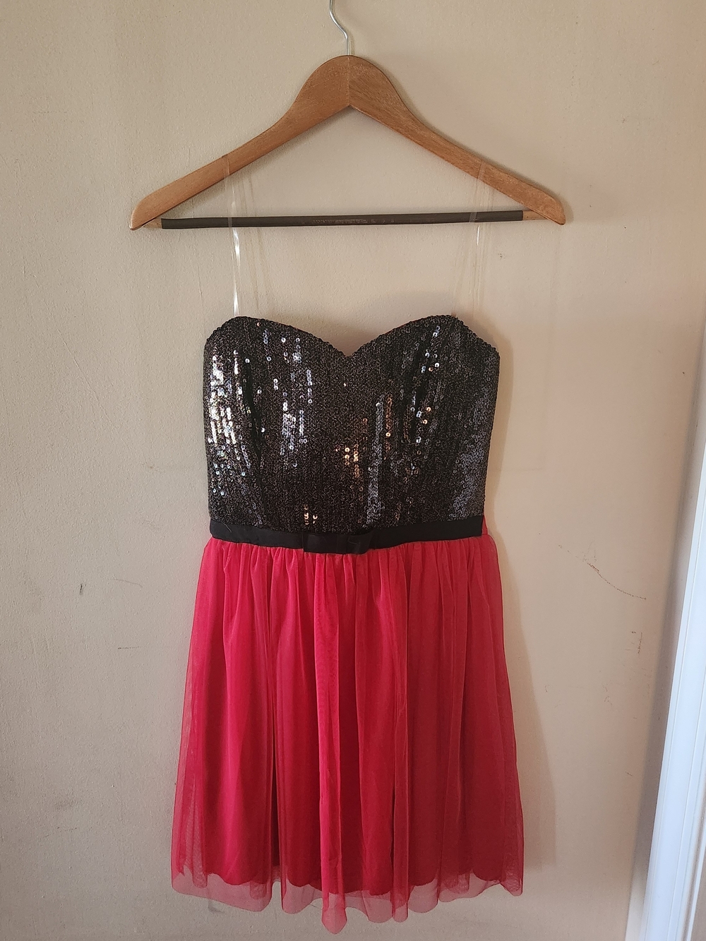 Black Sequin Bodice Strapless Dress with Red Chiffon Skirt